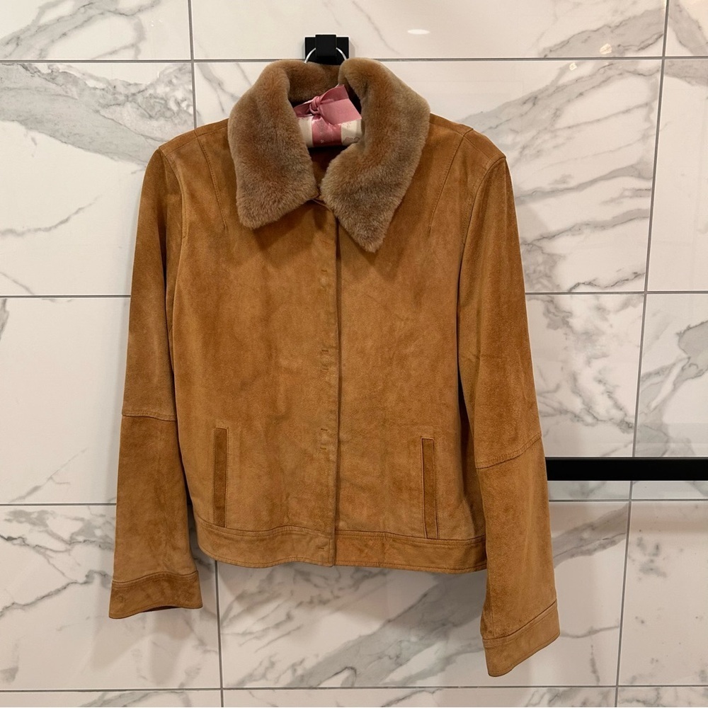Anne Klein leather tan jacket with removable fur size Medium